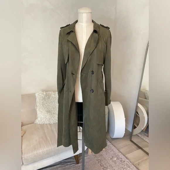 OLIVE GREEN SOFT FAUX SUEDE TRENCH COAT SIZE SMALL - Picture 1 of 13